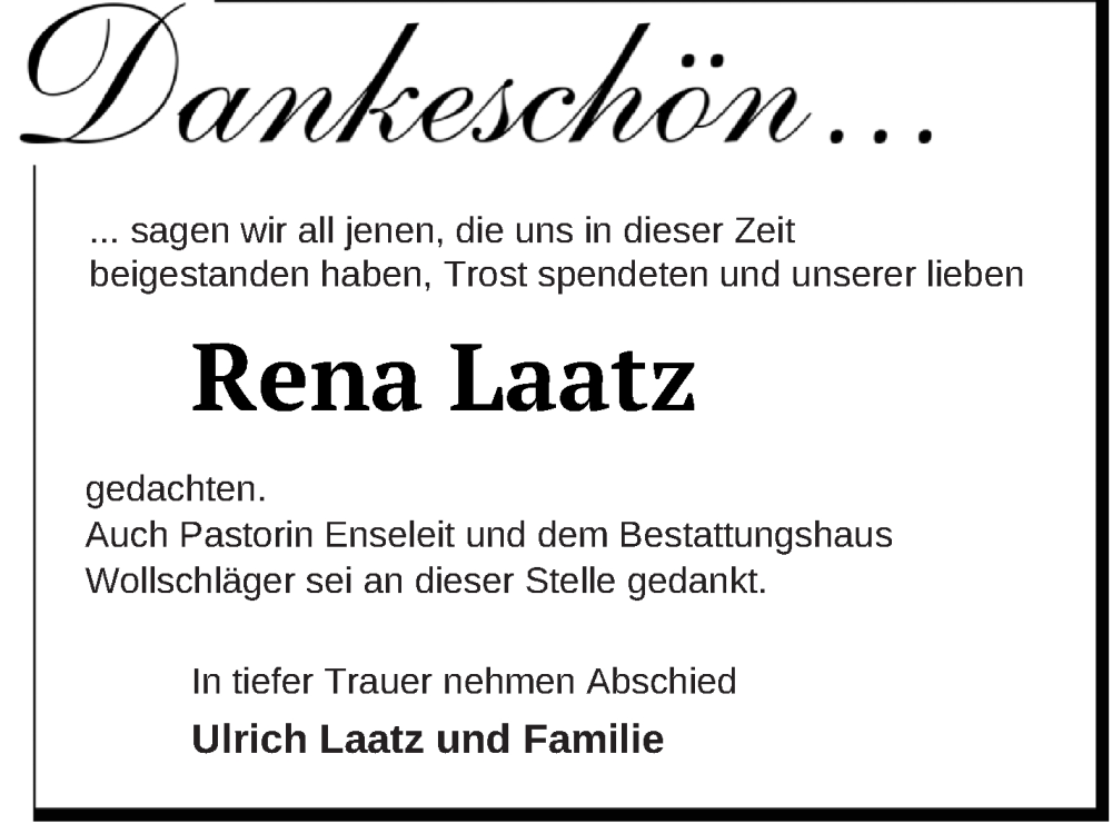  Traueranzeige für Rena Laatz vom 02.02.2023 aus Templiner Zeitung