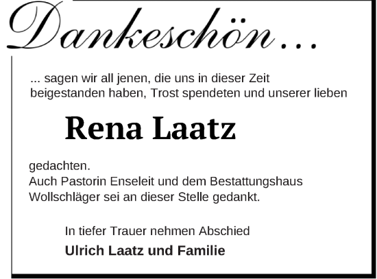 Traueranzeige von Rena Laatz von Templiner Zeitung