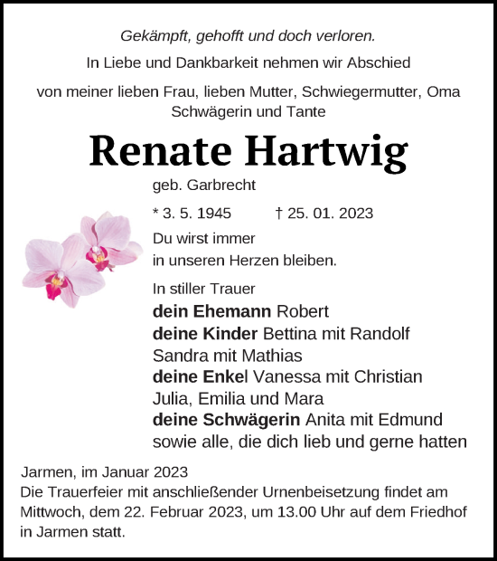 Traueranzeige von Renate Hartwig von Vorpommern Kurier