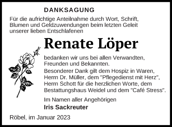 Traueranzeige von Renate Löper von Müritz-Zeitung