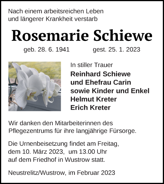 Traueranzeige von Rosemarie Schiewe von Strelitzer Zeitung