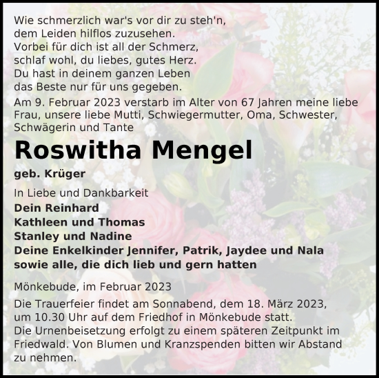 Traueranzeige von Roswitha Mengel von Haff-Zeitung