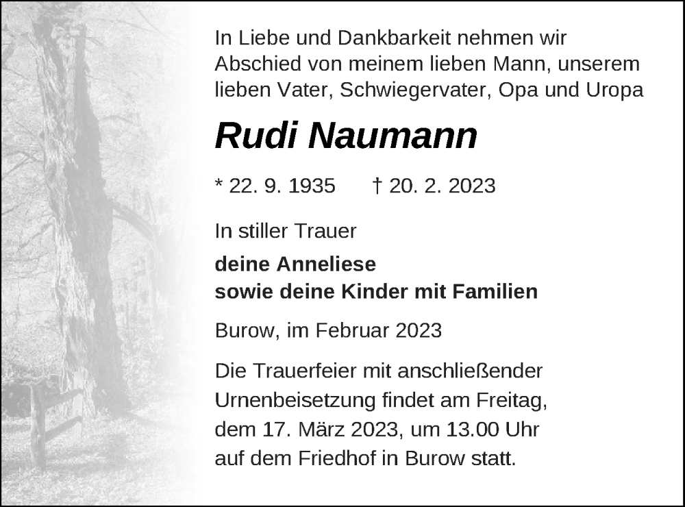  Traueranzeige für Rudi Naumann vom 24.02.2023 aus Neubrandenburger Zeitung