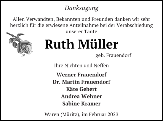 Traueranzeige von Ruth Müller von Müritz-Zeitung