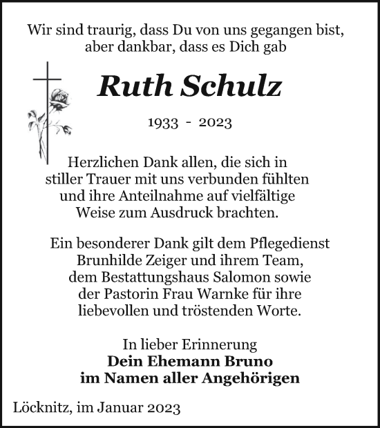 Traueranzeige von Ruth Schulz von Pasewalker Zeitung