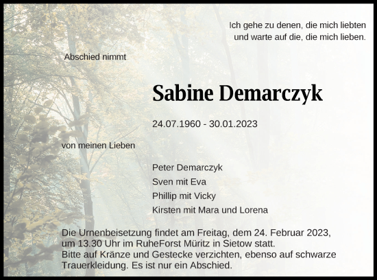 Traueranzeige von Sabine Demarczyk von Strelitzer Zeitung