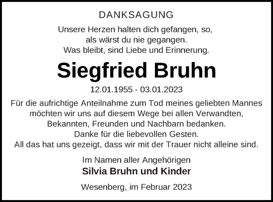 Traueranzeige von Siegfried Bruhn von Strelitzer Zeitung