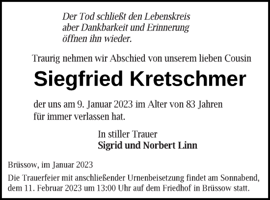 Traueranzeige von Siegfried Kretschmer von Prenzlauer Zeitung