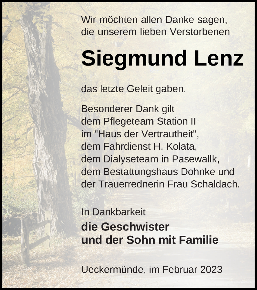  Traueranzeige für Siegmund Lenz vom 18.02.2023 aus Haff-Zeitung