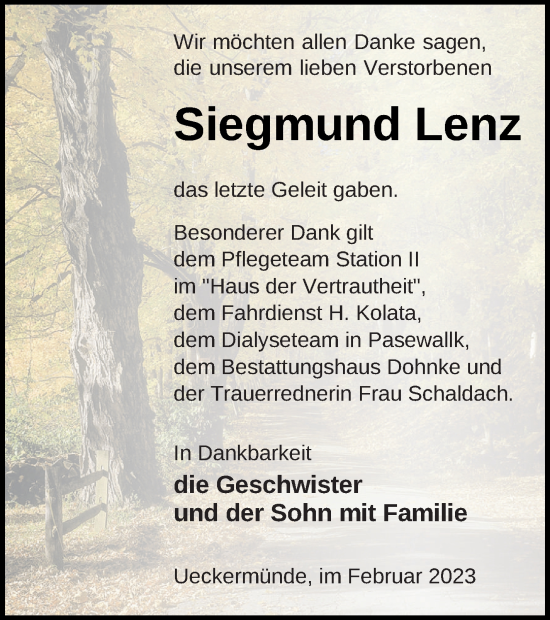 Traueranzeige von Siegmund Lenz von Haff-Zeitung