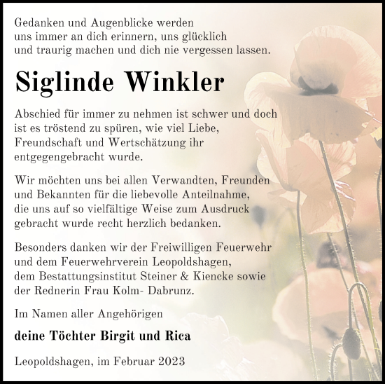 Traueranzeige von Siglinde Winkler von Haff-Zeitung