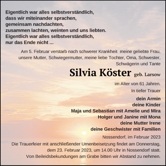 Traueranzeige von Silvia Köster von Demminer Zeitung