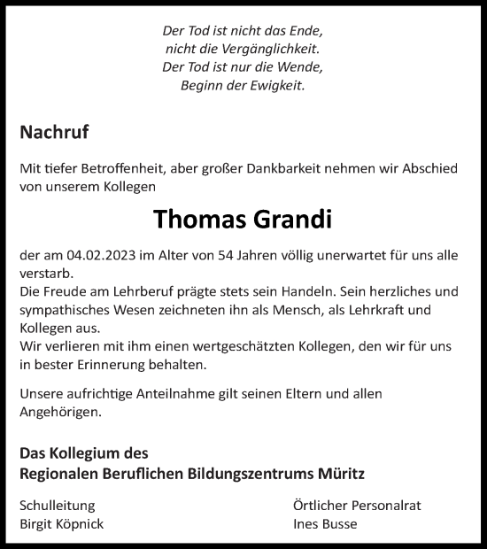 Traueranzeige von Thomas Grandi von Müritz-Zeitung