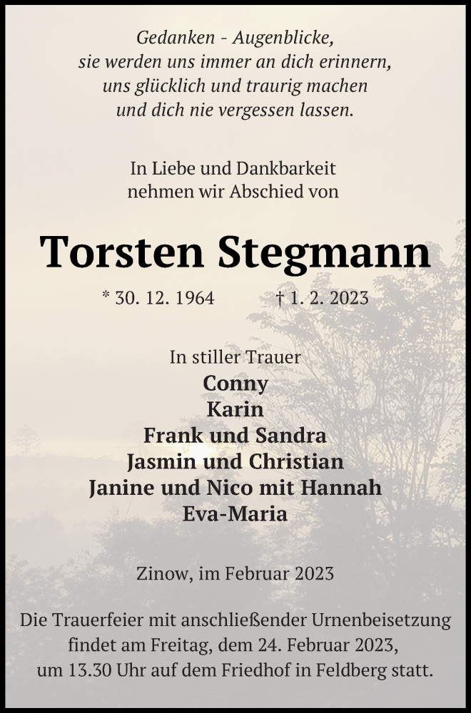  Traueranzeige für Torsten Stegmann vom 04.02.2023 aus Strelitzer Zeitung