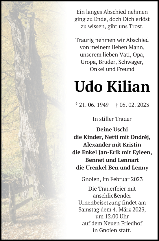 Traueranzeige von Udo Kilian von Mecklenburger Schweiz