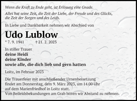 Traueranzeige von Udo Lublow von Vorpommern Kurier