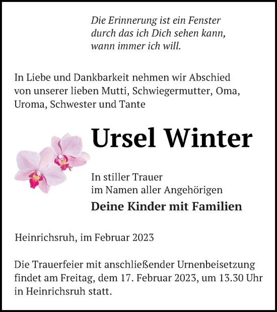 Traueranzeige von Ursel Winter von Haff-Zeitung