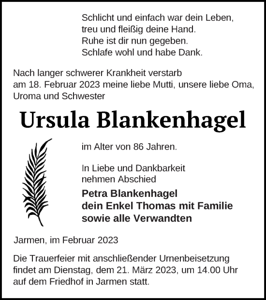 Traueranzeige von Ursula Blankenhagel von Vorpommern Kurier