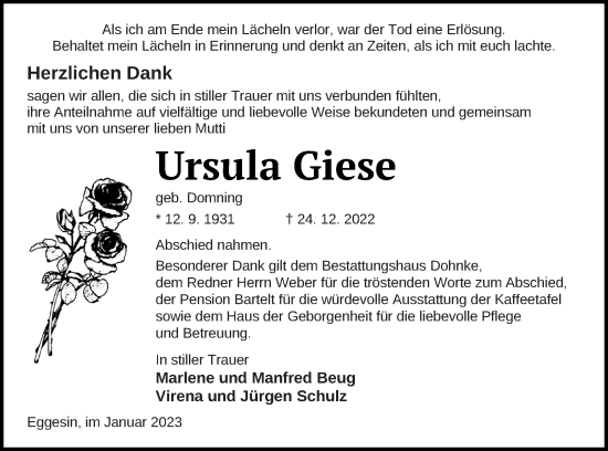 Traueranzeige von Ursula Giese von Haff-Zeitung