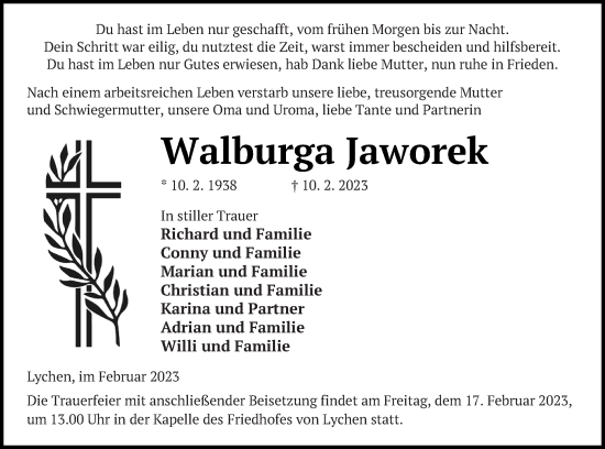 Traueranzeige von Walburga Jaworek von Templiner Zeitung