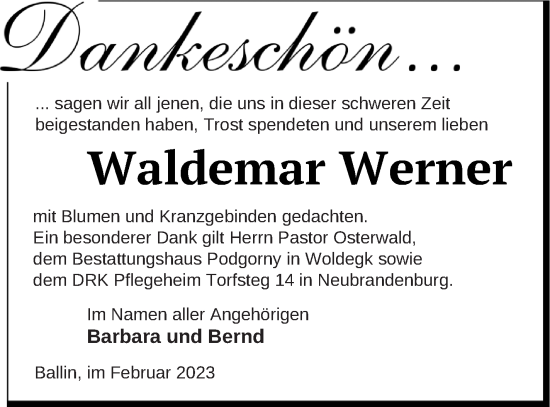 Traueranzeige von Waldemar Werner von Neubrandenburger Zeitung