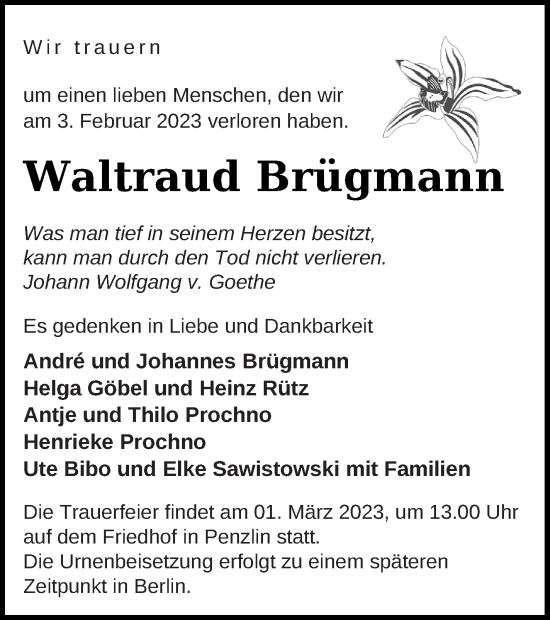 Traueranzeige von Waltraud Brügmann von Müritz-Zeitung