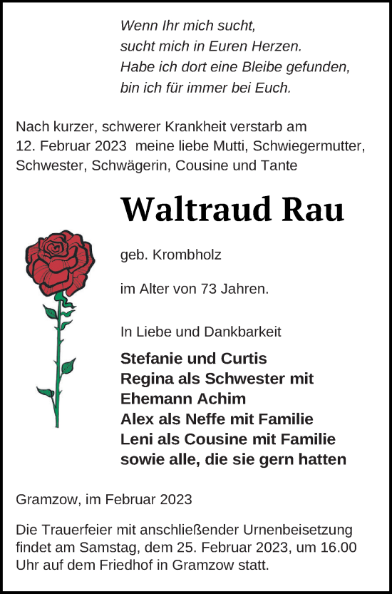 Traueranzeige von Waltraud Rau von Prenzlauer Zeitung