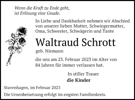 Traueranzeige von Waltraud Schrott von Mecklenburger Schweiz