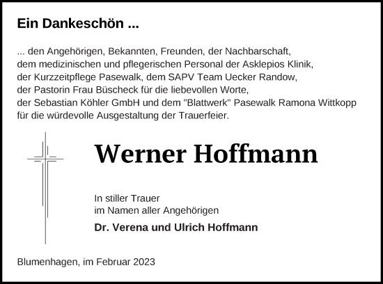 Traueranzeige von Werner Hoffmann von Pasewalker Zeitung