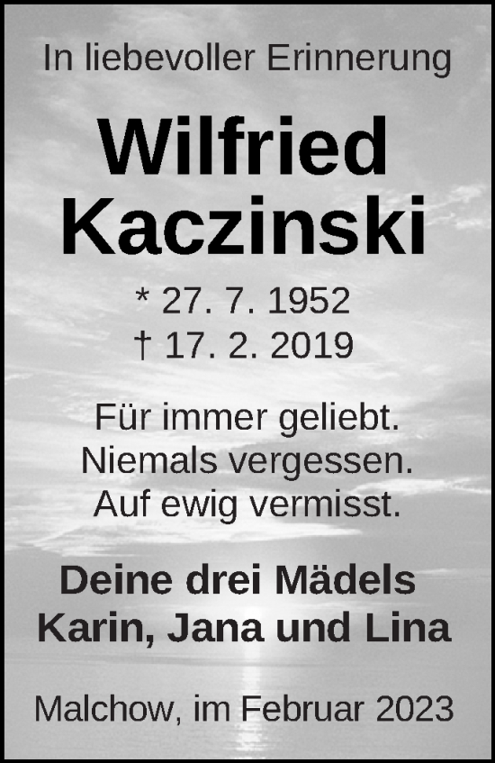 Traueranzeige von Wilfried Kaczinski von Müritz-Zeitung