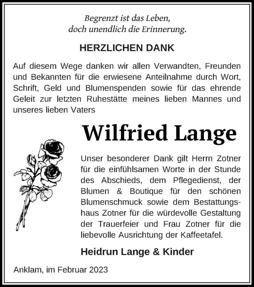  Traueranzeige für Wilfried Lange vom 11.02.2023 aus Vorpommern Kurier