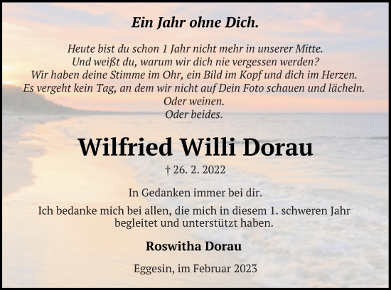 Traueranzeige von Wilfried Willi Dorau von Haff-Zeitung