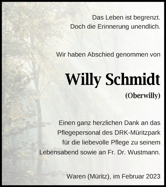 Traueranzeige von Willy Schmidt von Müritz-Zeitung