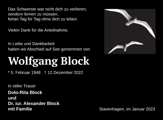 Traueranzeige von Wolfgang Block von Mecklenburger Schweiz