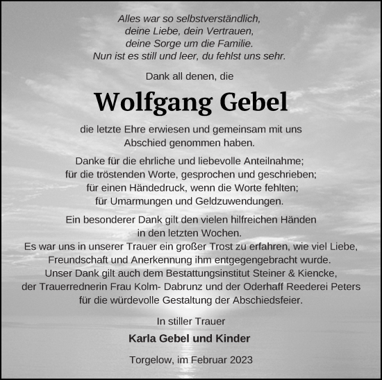 Traueranzeige von Wolfgang Gebel von Haff-Zeitung