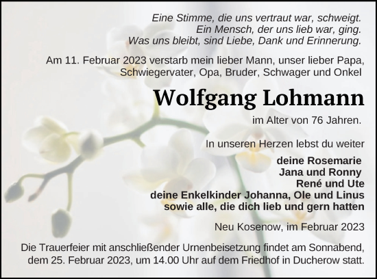 Traueranzeige von Wolfgang Lohmann von Vorpommern Kurier