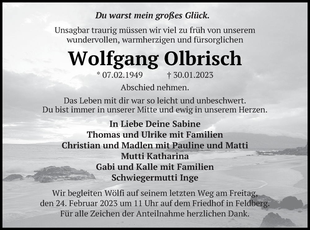  Traueranzeige für Wolfgang Olbrisch vom 04.02.2023 aus Neubrandenburger Zeitung