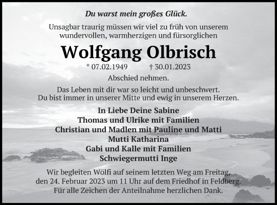 Traueranzeige von Wolfgang Olbrisch von Neubrandenburger Zeitung