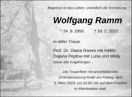 Traueranzeige von Wolfgang Ramm von Neubrandenburger Zeitung