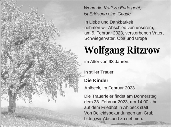 Traueranzeige von Wolfgang Ritzrow von Haff-Zeitung