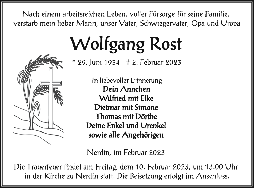  Traueranzeige für Wolfgang Rost vom 04.02.2023 aus Vorpommern Kurier