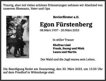 Traueranzeige von Egon Fürstenberg von Der Prignitzer