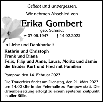 Traueranzeige von Erika Gombert von Zeitung für die Landeshauptstadt