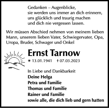 Traueranzeige von Ernst Tarnow von Zeitung für die Landeshauptstadt