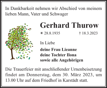 Traueranzeige von Gerhard Thurow von Der Prignitzer