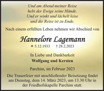 Traueranzeige von Hannelore Lagemann von Parchimer Zeitung