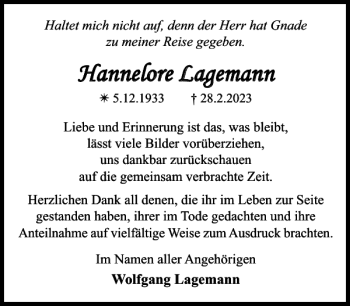 Traueranzeige von Hannelore Lagemann von Parchimer Zeitung