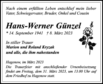 Traueranzeige von Hans-Werner Günzel von Hagenower Kreisblatt