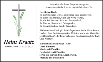 Traueranzeige von Heinz Kraatz von Der Prignitzer