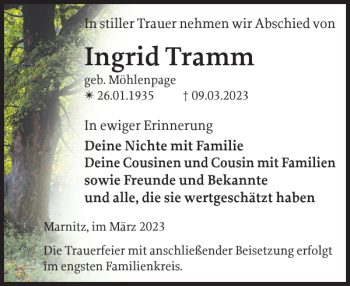 Traueranzeige von Ingrid Tramm von Parchimer Zeitung